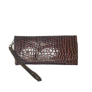 New Brown Crocodile Wristlet Trifold Wallet Clutch Textured Checkbook Card Slots
